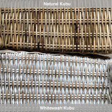 Load image into Gallery viewer, Two wicker rattan chair finishes labeled 'Natural Kubu' and 'Whitewash Kubu' on a grey background.