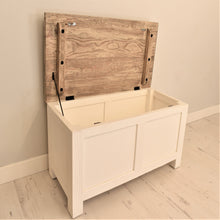 Load image into Gallery viewer, Reclaimed pine Bude range blanket box, top open.