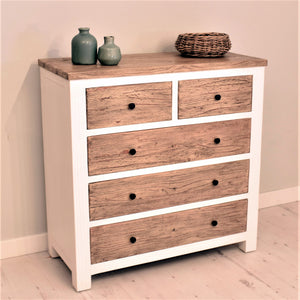 Reclaimed pine Bude range chest of drawers with 5 drawers