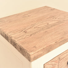 Load image into Gallery viewer, Reclaimed pine Bude range bedside table with 3 drawers, top view.