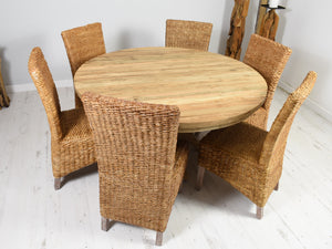 140cm Round reclaimed teak dining set with 6 natural banana leaf chairs