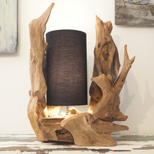 Load image into Gallery viewer, Unique reclaimed teak rustic wood sculptural table lamp with black shade.