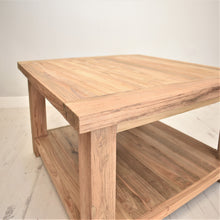 Load image into Gallery viewer, Square reclaimed teak chunky coffee table, corner view. 