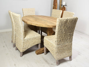 160cm Reclaimed teak dining set with 6 whitewashed banana leaf chairs, side view.