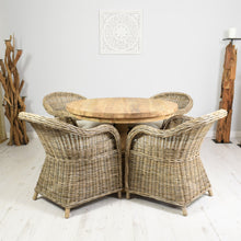 Load image into Gallery viewer, Round reclaimed teak dining set with 4 curved Kubu armchairs