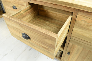 Reclaimed teak long sideboard, view of open drawer.