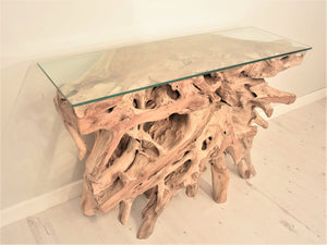 Natural teak root console table side view.
