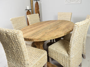 160cm Reclaimed teak oval dining set with 6 whitewashed banana leaf chairs, side view.