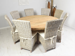 180cm Round reclaimed teak dining set with 8 whitewashed Kabu chairs.