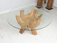 Load image into Gallery viewer, Round reclaimed teak root coffee table 100cm with glass top.