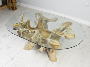 Teak root oval coffee table 120x80cm top view.