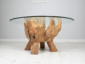 Round 100cm reclaimed teak coffee table, side view.