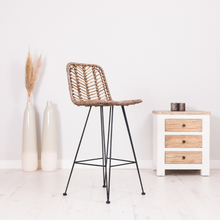 Load image into Gallery viewer, Natural wicker and metal bar stool with chevron pattern