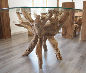Round Teak Root Dining Set with 4 Natural Kubu Chairs