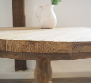Reclaimed teak dining table side view of table top 