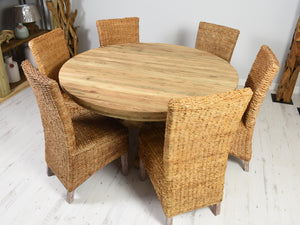 140cm Round reclaimed teak dining table with 6 natural kabu chairs.
