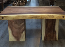 Load image into Gallery viewer, 150cm Suar live edge table with block legs,  side view..