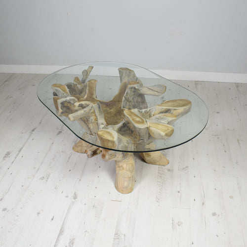 Reclaimed teak root oval coffee table, with glass top 120 x 80cm