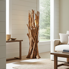Load image into Gallery viewer, teak root driftwood pillar floor lamp in a modern living room setting