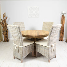 Load image into Gallery viewer, 100cm rustic Reclaimed teak round dining set with 4 whitewashed Kubu wicker chairs.