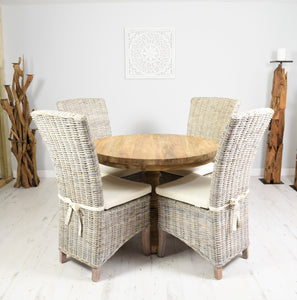 100cm rustic Reclaimed teak round dining set with 4 whitewashed Kubu wicker chairs.