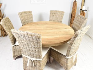 140cm Round reclaimed teak dining table with 6 whitewashed Kubu chairs 