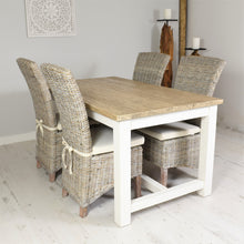 Load image into Gallery viewer, 160cm reclaimed pine chunky cottage style dining table with 4 natural Kubu rattan dining chairs.

