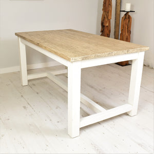 160cm rectangular, rustic, reclaimed pine, cottage shabby chic style dining table with wood grain effect table top and white painted table legs.