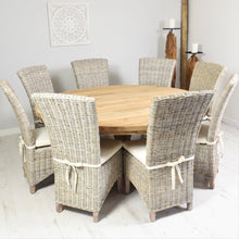 Load image into Gallery viewer, 180cm reclaimed teak round dining table in dining room setting with 8 whitewash Kubu dining chairs