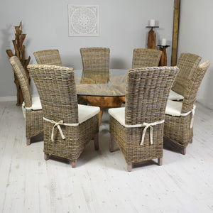 180cm handcrafted round teak root dining table paired with 8 wicker dining chairs