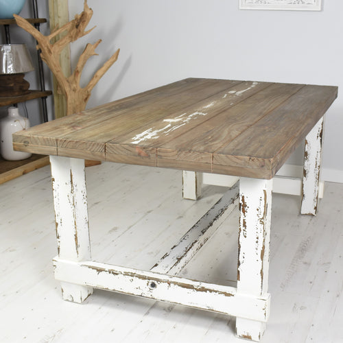 180x100cm reclaimed pine farmhouse dining table with distressed whitewash legs