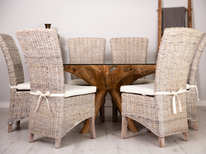 180x120cm reclaimed teak root oval dining table set with 6 whitewash Kubu natural wicker dining chairs 