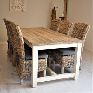 200cm reclaimed pine "Cottage" style dining table featuring woodgrain table top and white painted legs, pictures with 6 natural Kubu wicker dining chairs with grey seat pad cushions