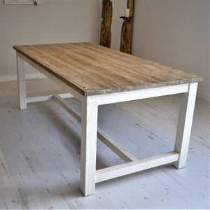 200cm rectangle, reclaimed pine, cottage style dining table with wood grain table top and white painted table legs