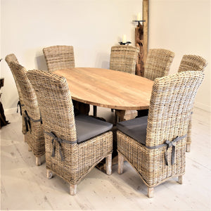 200cm oval reclaimed teak dining set with 8 natural Kubu rattan dining chairs