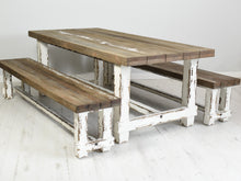 Load image into Gallery viewer, 210x100cm reclaimed pine farmhouse dining table with large wood boards as a dining set with 2 matching benches