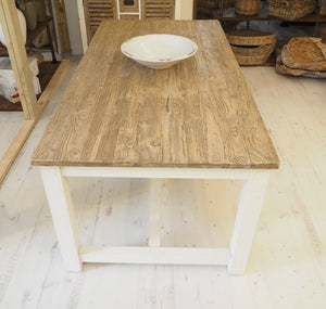 240cm rectangular, reclaimed pine, cottage style dining table with wood grain effect table top and white pained table legs