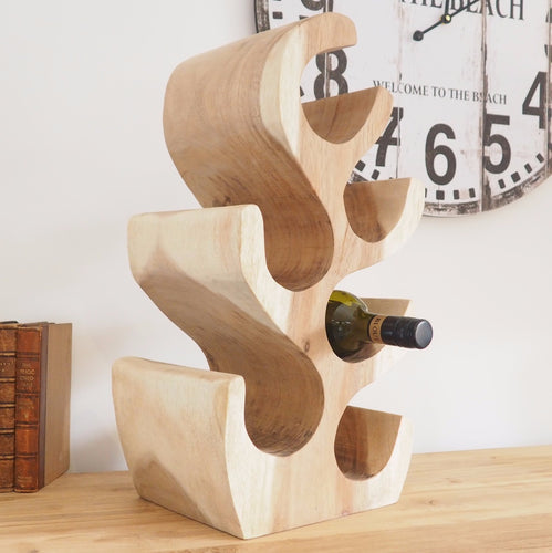 6 bottle Suar wood wine rack showcasing natural wood grains