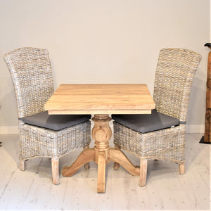 80cm Eco-friendly square reclaimed teak dining table with 2 natural Kubu wicker dining chairs