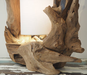Close-up-detail of handcrafted reclaimed teak wood table lamp base