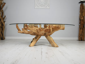 Reclaimed teak root coffee table 150x100cm side view.