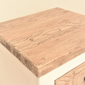 Reclaimed pine Bude range bedside table with 3 drawers, top view.