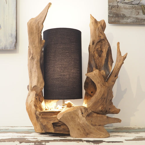 Reclaimed teak rustic wood table lamp with black shade.