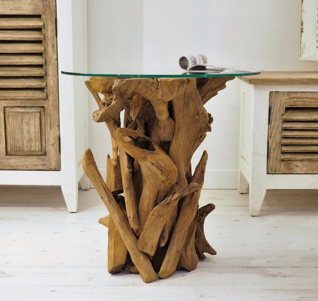 Reclaimed Driftwood Teak Root Side Table with glass top.