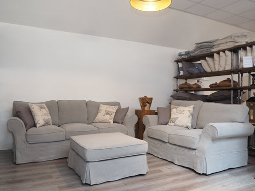 Image of grey loose cover sofa suite set with 2 seater and 3 seater sofa in grey