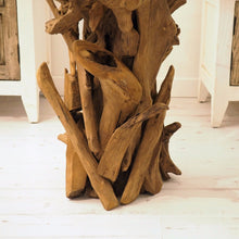 Load image into Gallery viewer, Close-up of teak root side table base. Sustainably sourced furniture with a natural driftwood look. 