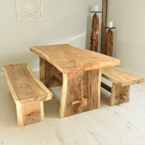 150cm Suar live edge dining set with benches, seats 4.
