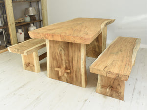 Suar live edge dining set with benches, seats 4, side view.