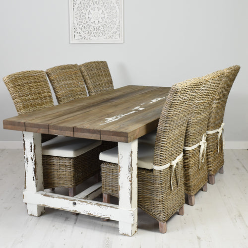210cm Farmhouse Dining Set with 6 Natural Kubu Chairs