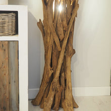 Load image into Gallery viewer, Detail of natural wood floor lamp base for cozy lighting